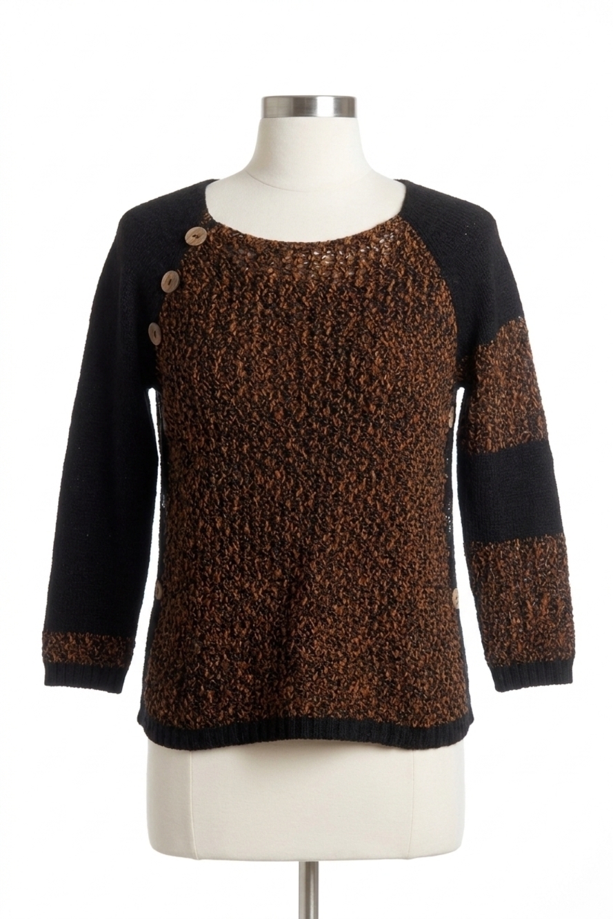 NEW FRENCH KYSS crochet three quarter sleeve top in black mocha